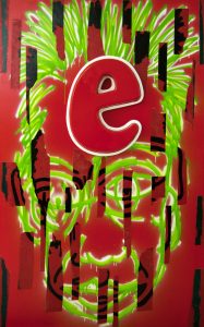 EDIT - Acrylic, spray enamel, oil stick, collage and fibre glass letter on canvas 